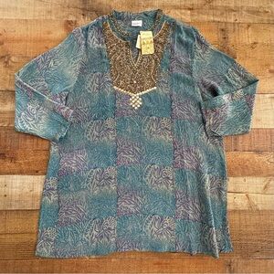 Christina Silk Tunic Embroidered Embellishment Collar Teal Blue XXL 100% Silk